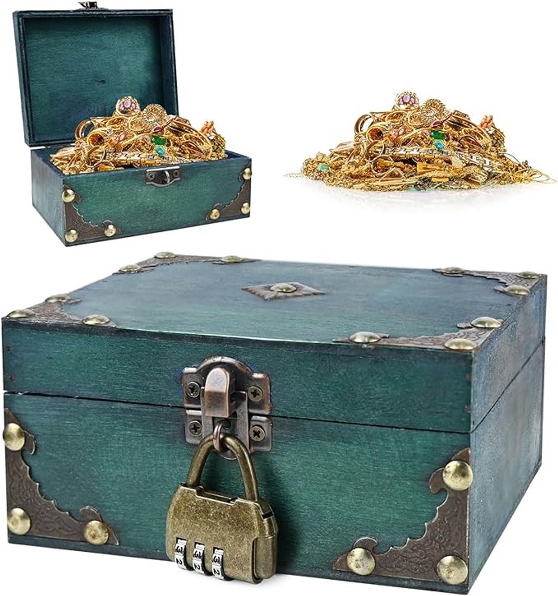 Vintage houten opbergkist met cijferslot - 15x12x7,2 cm