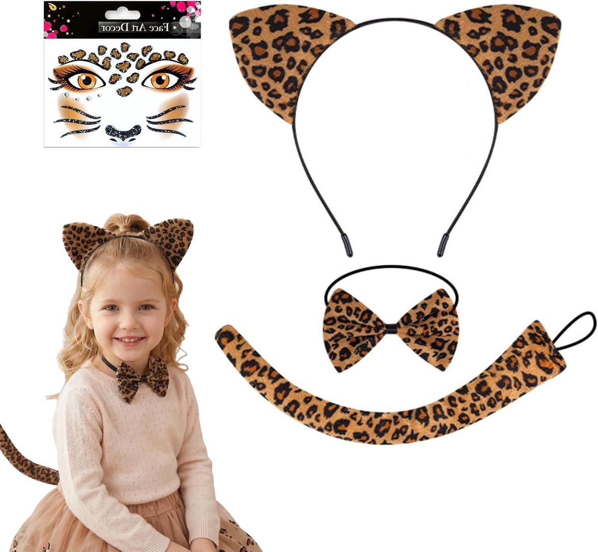 Leopard Kostuum voor Vrouwen met Staart, Strik en Hoofdband - 4-delige Accessoire Set voor Carnaval en Halloween Feestjes