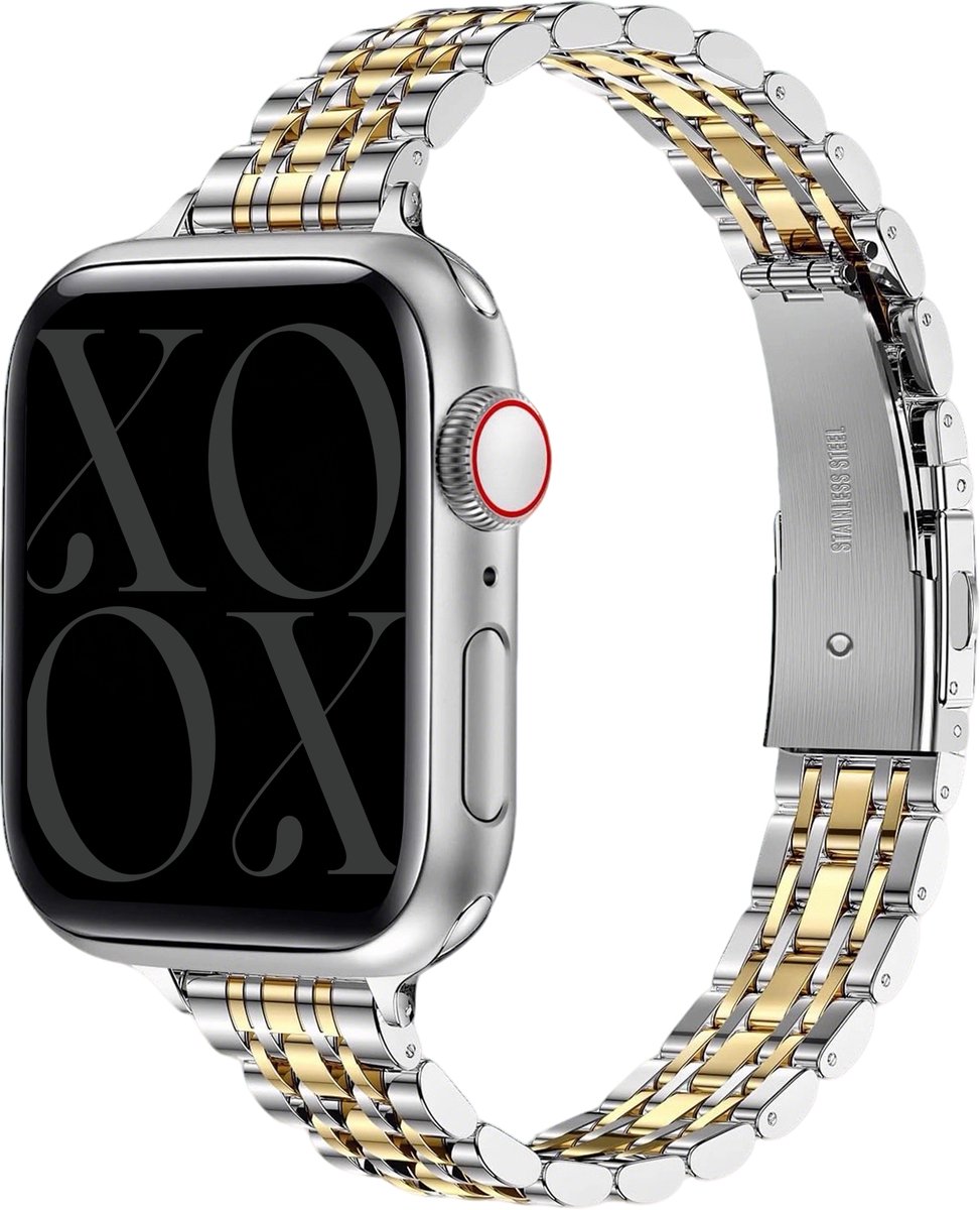 xoxo Wildhearts Smalle stalen band - Geschikt voor Apple Watch bandje - Series 1/2/3/4/5/6/7/8/9/10/11/SE - Maat: 38 mm / 40 mm / 41 mm / 42 mm - RVS metalen schakelbandje met vlindersluiting - iWatch slim steel strap - Horlogeband - Zilver/Goud