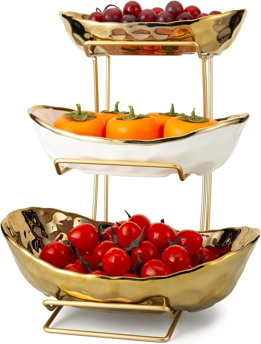 Elegante Drie-Laagse Keramische Fruitkom met Metaalstandaard voor Keuken, Perfect voor Salades, Snacks en Groentenopslag