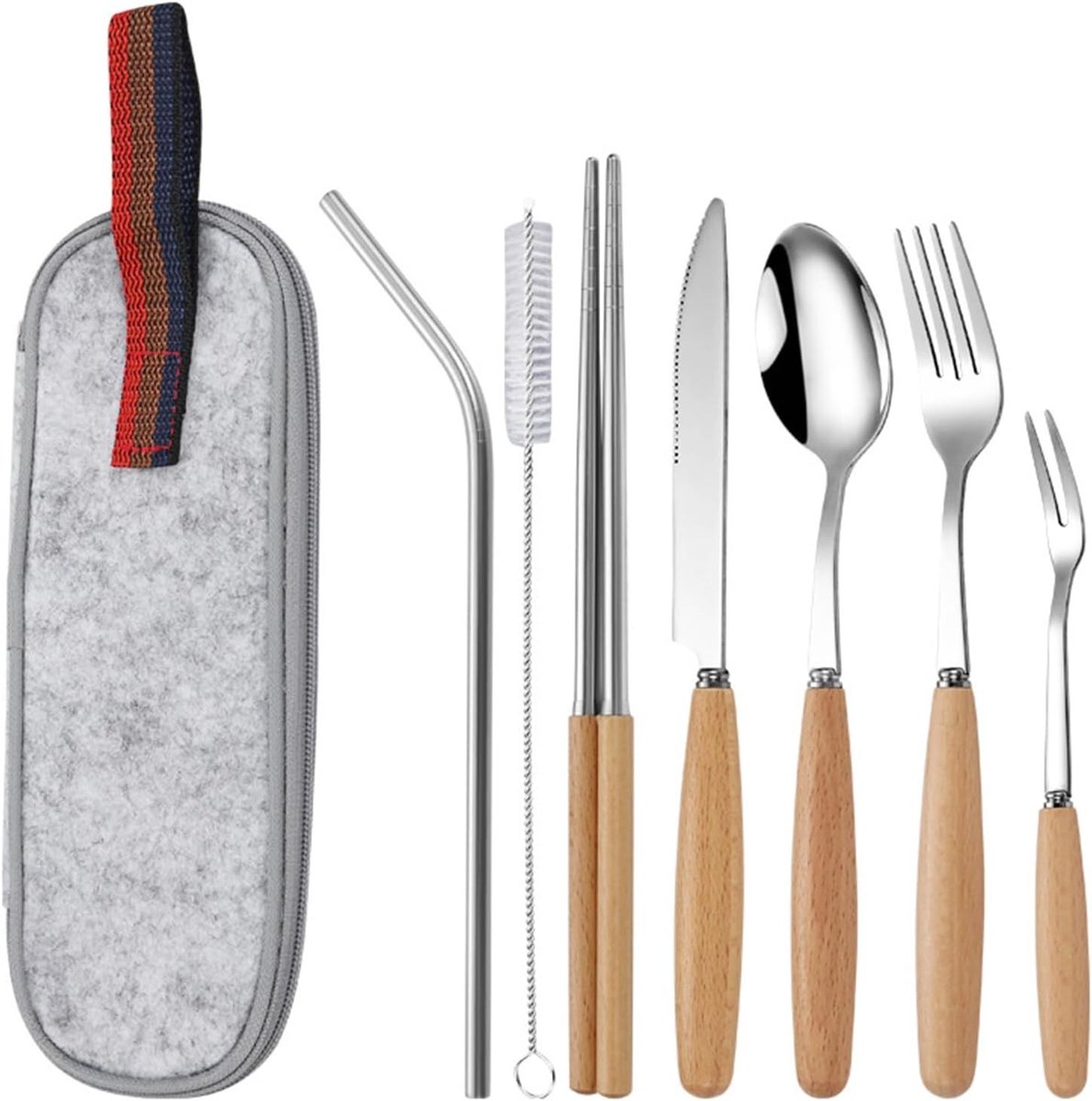 Set van 7-delige RVS Bestek met Houten Handvat, Ideaal voor Reizen, Kamperen en Schoolgebruik met Opbergzak