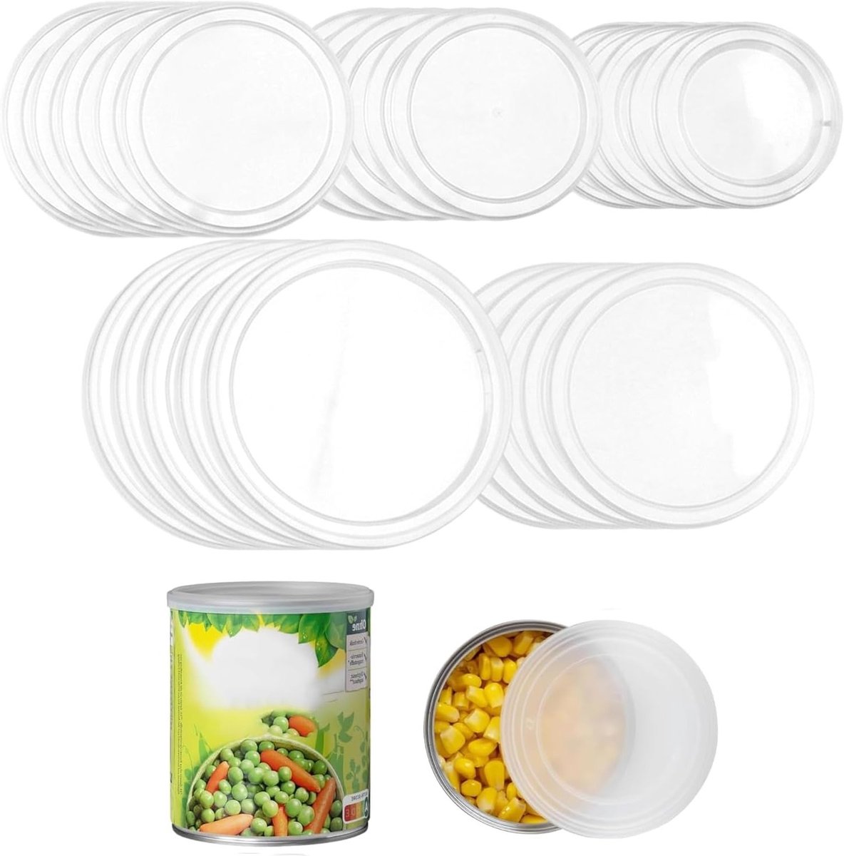 Set van 25 herbruikbare blikdeksels voor verschillende potdiameters, inclusief blikopener en wasbaar, ideaal voor conserveren en vers houden