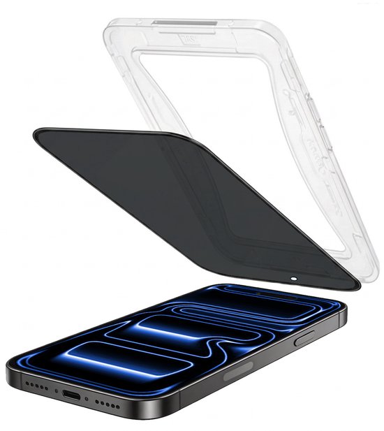Explosie-aanzicht van een iPhone 17 Pro met privacy screenprotector en installatieframe.