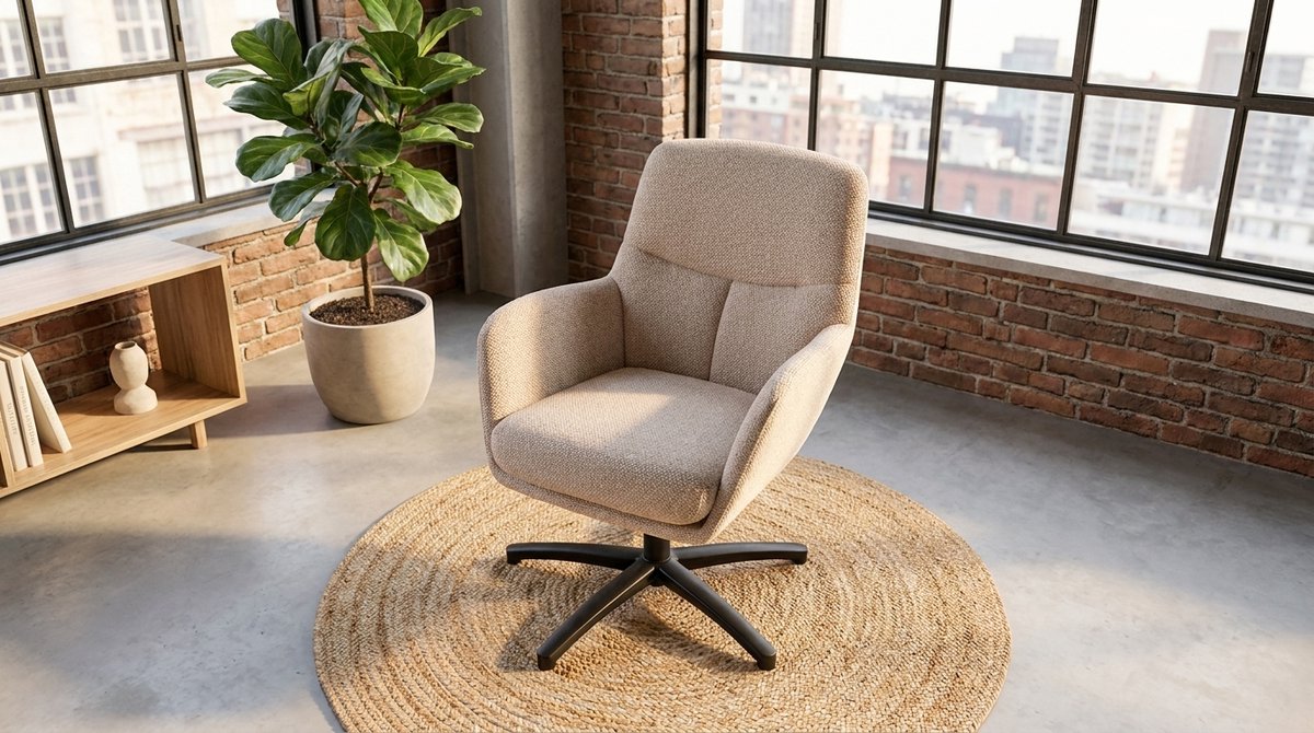 Fauteuil draaibaar - House&Garden Cozy Lounge Luxe Bouclé Relaxfauteuil met 360° Draaifunctie en Armleuningen - Naturel Royal Bouclé - Zwart Metalen Onderstel - 68x73x90 cm