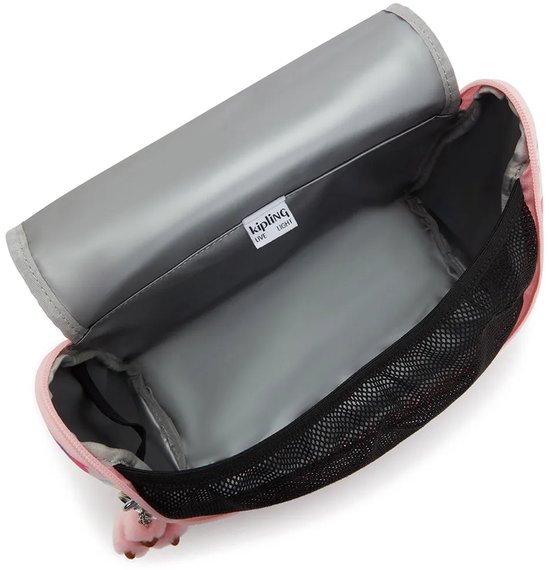Witte lunchtas met bloemenprint in roze, blauw, geel, paars. Roze accenten, hengsel en schouderband.