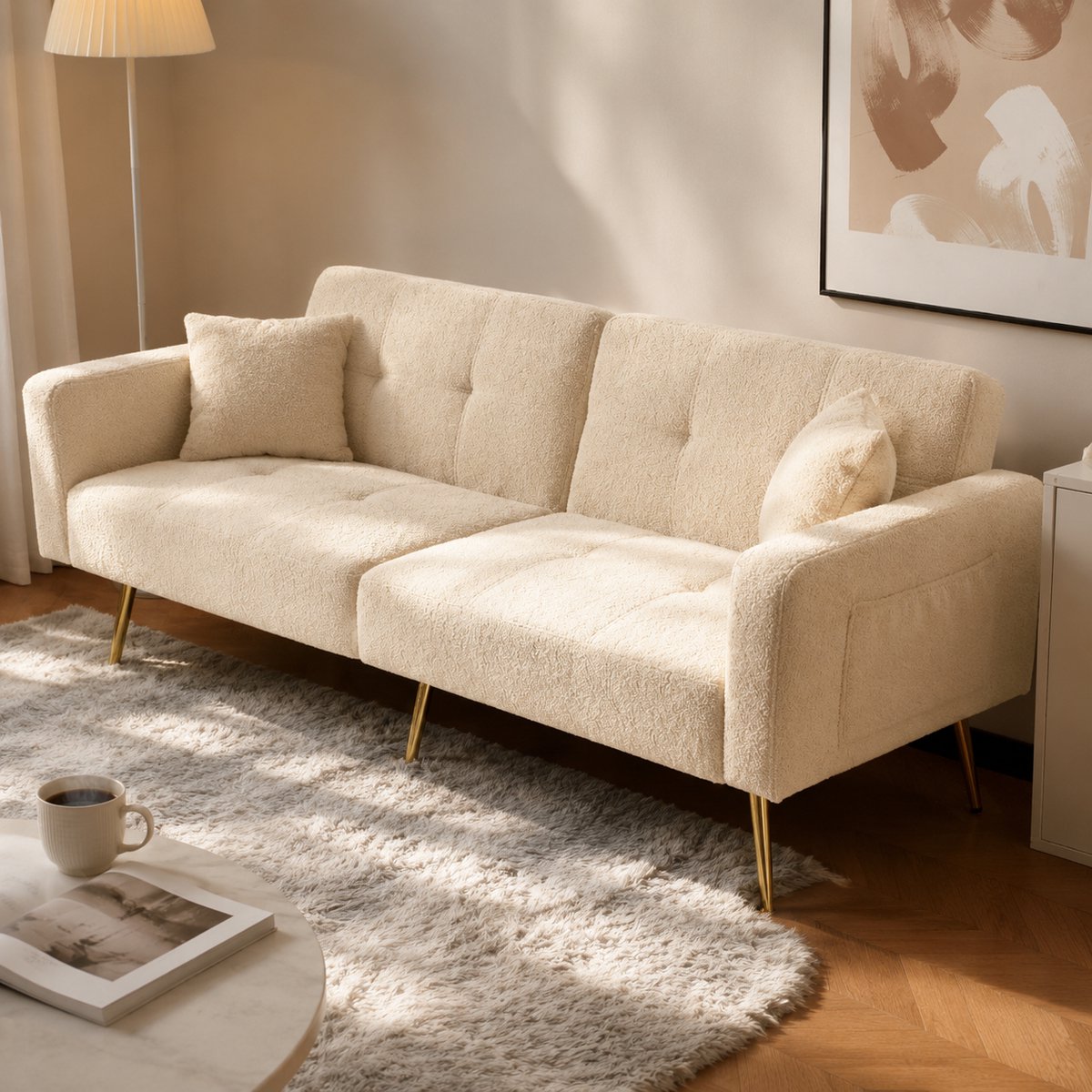 Slaapbank 2 Persoons - Slaapbanken - Sofa - Logeerbed - Verstelbare rugleuning - Gouden poten - met rugleuning - met armleuningen - zijvakken - Beige
