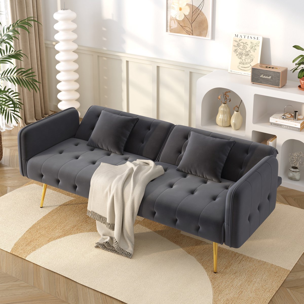 Slaapbank 2 Persoons - Verstelbare rugleuning - Gouden poten - Zetelbed - Vouwbed - 178x82x70 cm - Flueel - comfortabel - Grijs