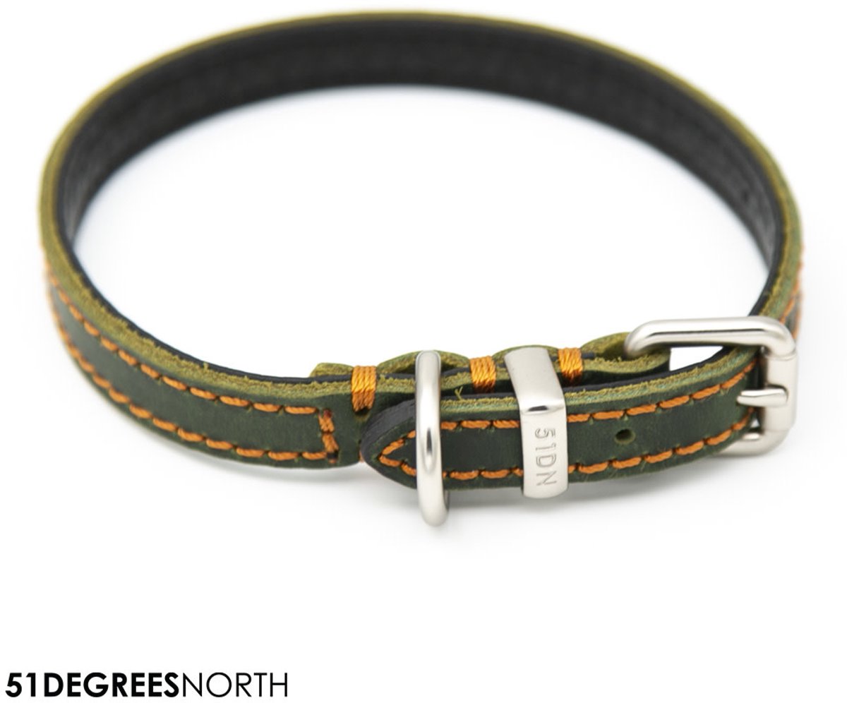 Kukura Lederen Hondenhalsband – Groen met Cognac Stiksel - 25mm x 60cm – Halsband voor Hond & Kat