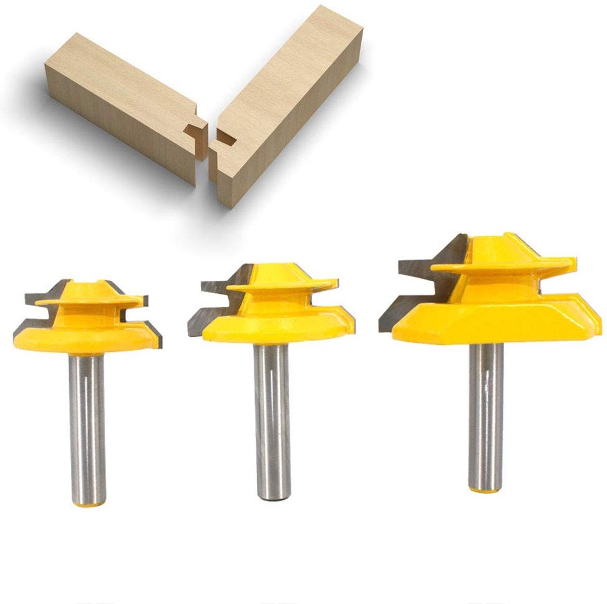 Dailygoody - Router Bit Set - 8mm Schacht - Verstekrouter Bits 45° - 3 Stuks - Snijdiameters 1-3/8, 1-1/2 en 2 inch - Voor Houtbewerking - 10