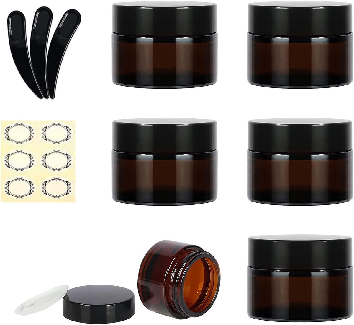 Set van 6 Lege Amber Glazen Cosmeticavoorraadpotjes van 5ml met Zwarte Plastic Deksel en B
