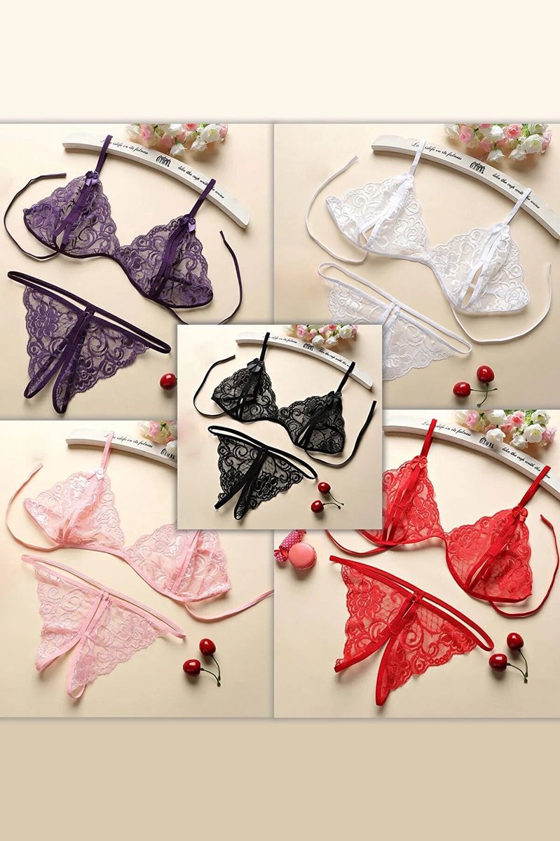 Kanten Lingerie Set 5-delig - Open Design Beha en Slip - Maat S M L XL - Multicolor Transparant