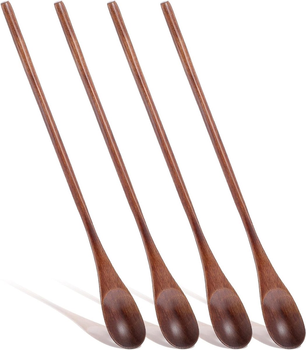 Lange houten theelepels set van 4 stuks, koffielepels en roerlepels voor koken en serveren, 22 cm