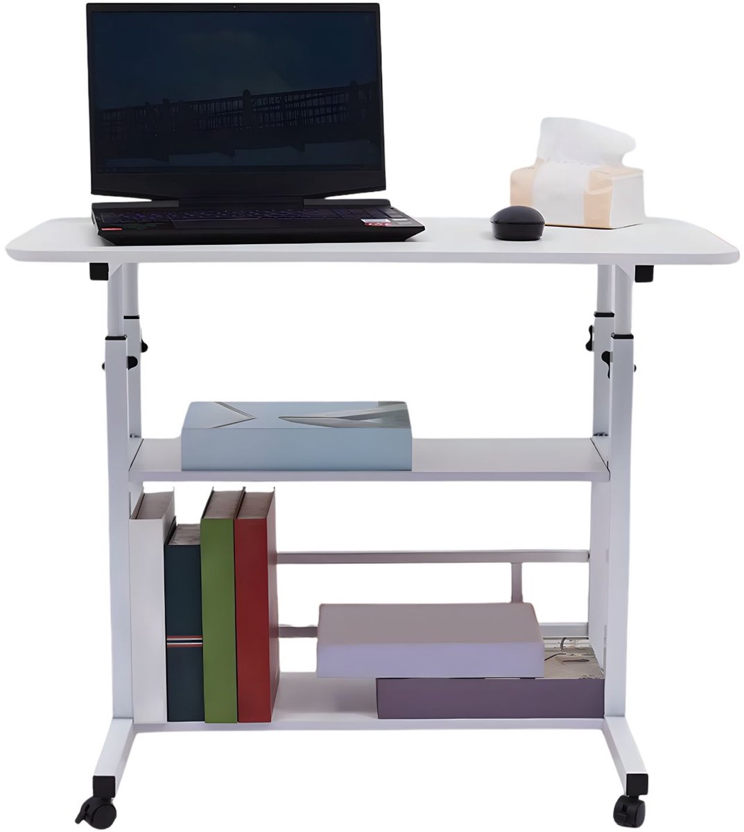 Happiq Bijzettafel – Voor woonkamer of slaapkamer – 3-laags C-vormig laptopbureau met wielen en in hoogte verstelbaar – Wit White