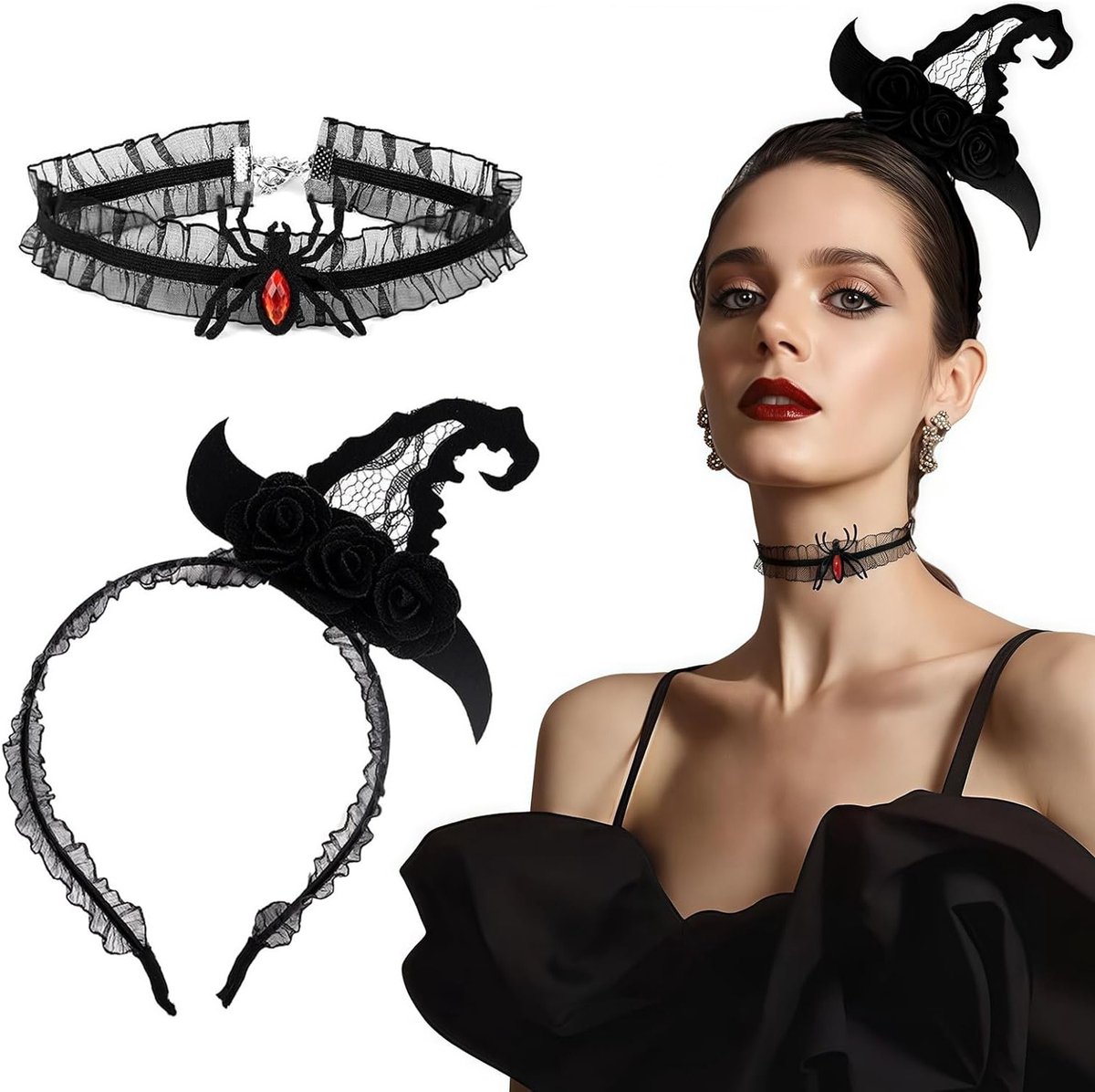 Set van 2 Gothic Haarbanden met Ketting - Zwarte Hoofdband voor Halloween Kostuums en Feestjes, Perfecte Accessoires voor Vrouwen en Carnaval
