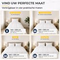 Vier bedden met witte dekbedden: eenpersoons, tweepersoons, groot en king size.