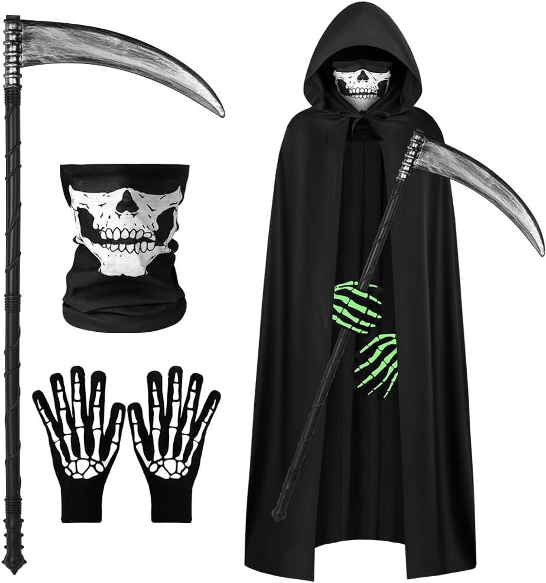 Zwarte Cape met Kap en Handschoenen voor Skelet Kostuum met Witte Skul Masker voor Halloween, Carnaval en Feestjes