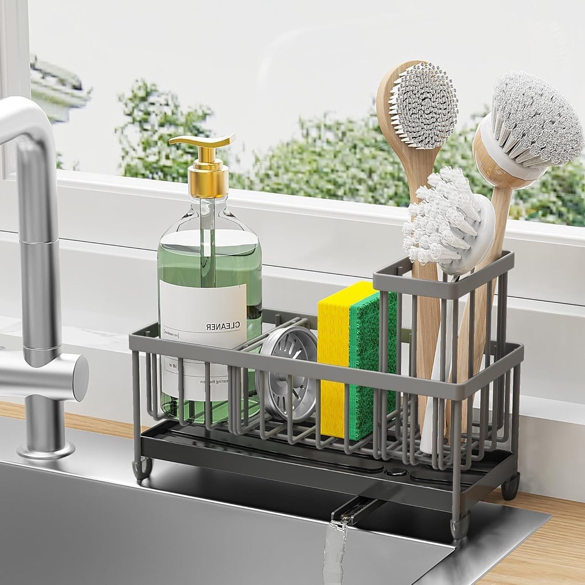 RVS Afvalbak voor de Gootsteen met Sponshouder, Borstelhouder en Zeepdispenser - Roestvrij, Praktische Keuken Organizer en Accessoires voor Efficiënte Afwas.