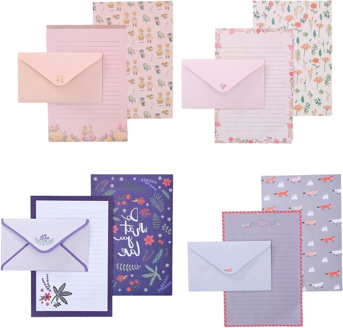 36-delige briefpapierset met 4 bloemenpatronen, inclusief enveloppen voor brieven, uitnodigingen en bedankkaarten