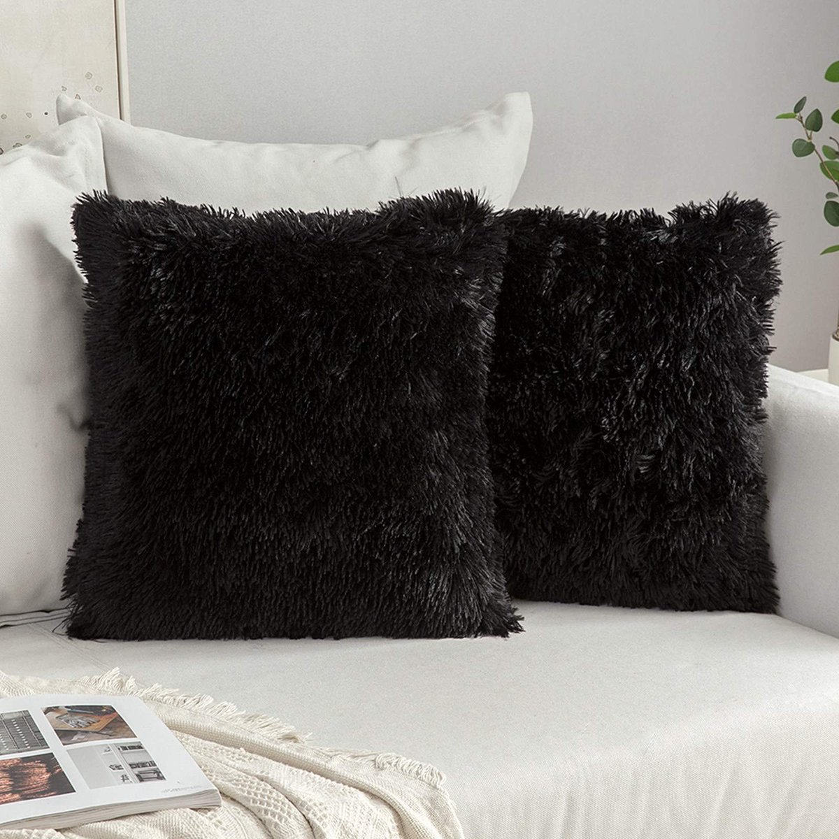 Dailygoody - Kussenslopen Imitatiebont - Pluizig en Zacht - Decoratief voor Woonkamer en Slaapkamer - 45 x 45 cm - Set van 2 - Zwart