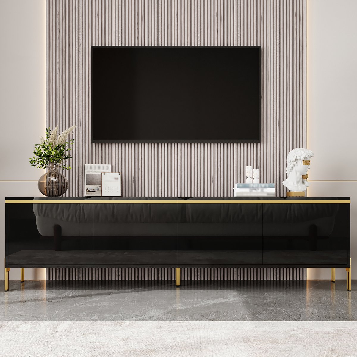 REDOM TV-Meubel - 4 Deuren En Kabeldoorvoer - Italiaans Minimalistisch - Voor Woonkamer - Spaanplaat - Zwart - 170 X 38 X 50 Cm