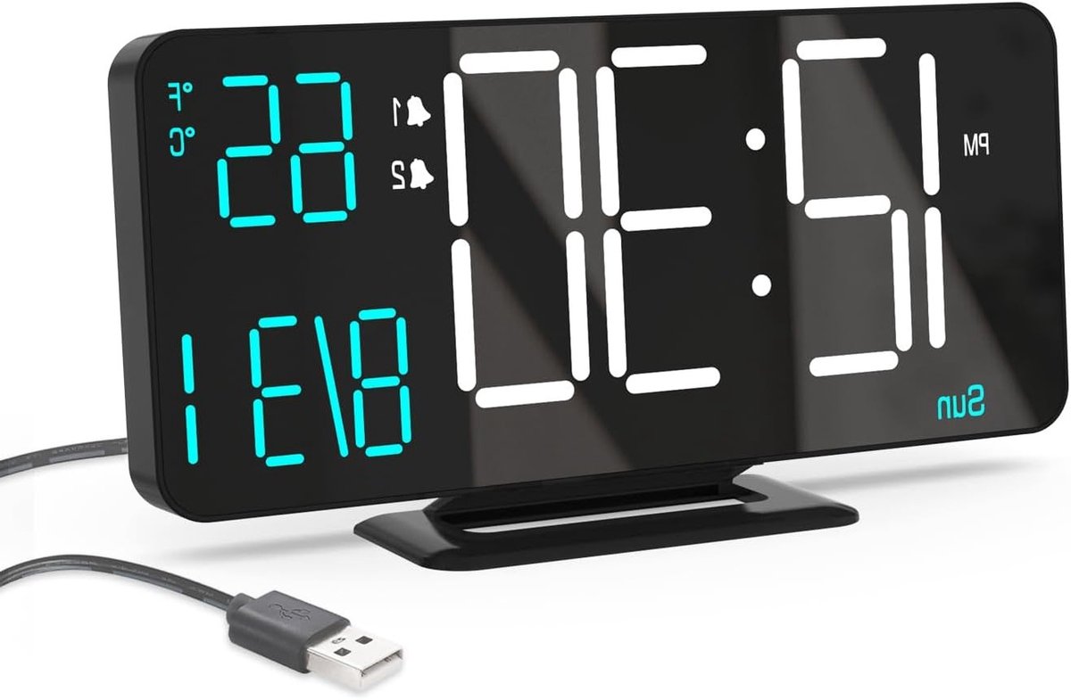 Digitale Alarmklok voor de Slaapkamer - 6.7 Inch, Zwart, Dimbaar, 12/24 Uur, Datum, Temperatuur en Weekdag Weergave