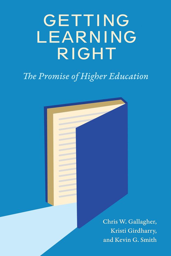 Boek met de titel 'Getting Learning Right: The Promise of Higher Education' op een blauwe achtergrond. De kaft is blauw, met een open boek ernaast.