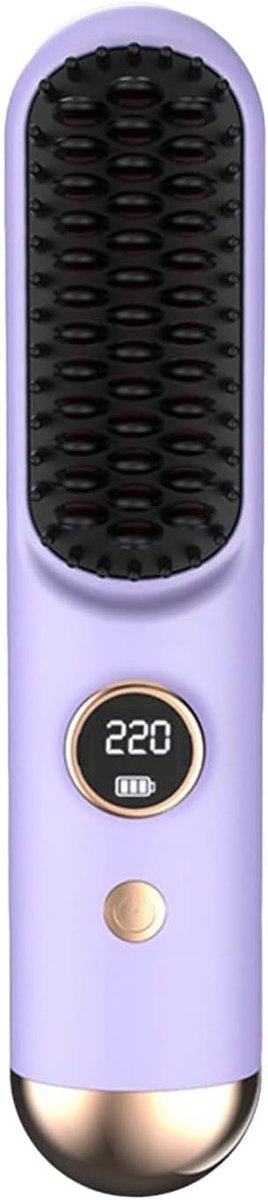 Draadloze volumizing haarborstel voor kort haar, verwarmde styler met 3 instellingen, snelle warmte uit de jaren 20, LED-scherm, USB-C, reisvriendelijk (paars)