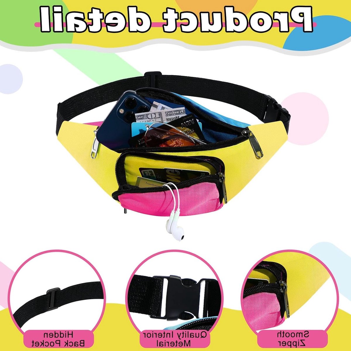 Neon Retro 80s Heuptas met 2 Vakken, Verstelbare Tailleband voor Feestjes en Reizen, Uniek 80s Kostuum Accessoire voor Mannen en Vrouwen