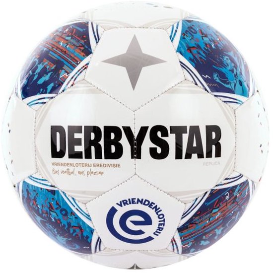 Voetbal met witte vlakken en patronen in blauw, rood en oranje. Logo's van Derbystar en Vriendenloterij.