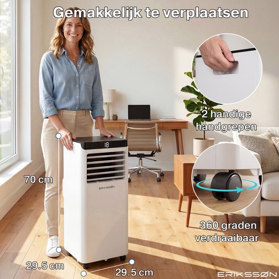 Wit mobiele airco 70cm hoog, 29.5cm breed. Met 2 handige handgrepen en 360 graden draaibare wielen voor eenvoudige verplaatsing.