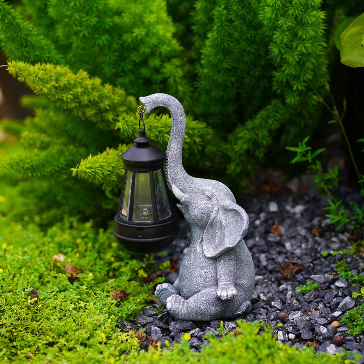 LED-dierenlampjes op zonne-energie- sfeerverlichting voor buiten- schattige tuinverlichting van hars-Landschapslamp met olifantmotief - Olifantenlamp op zonne-energie - grijs -18.5*14*25.5CM