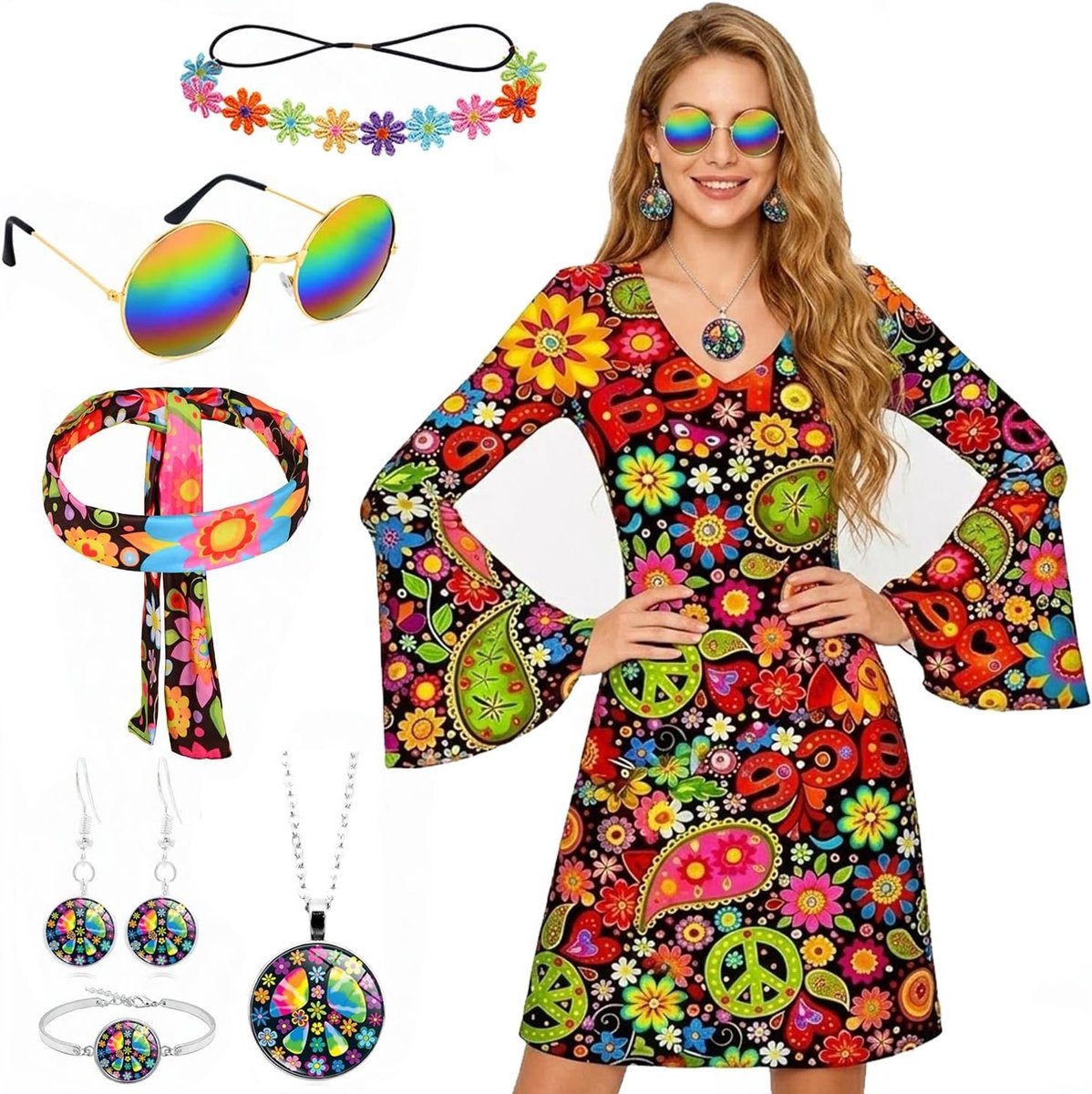 Jaren 60 en 70 hippiekostuum voor dames met 7-delige accessoires voor feest en carnaval