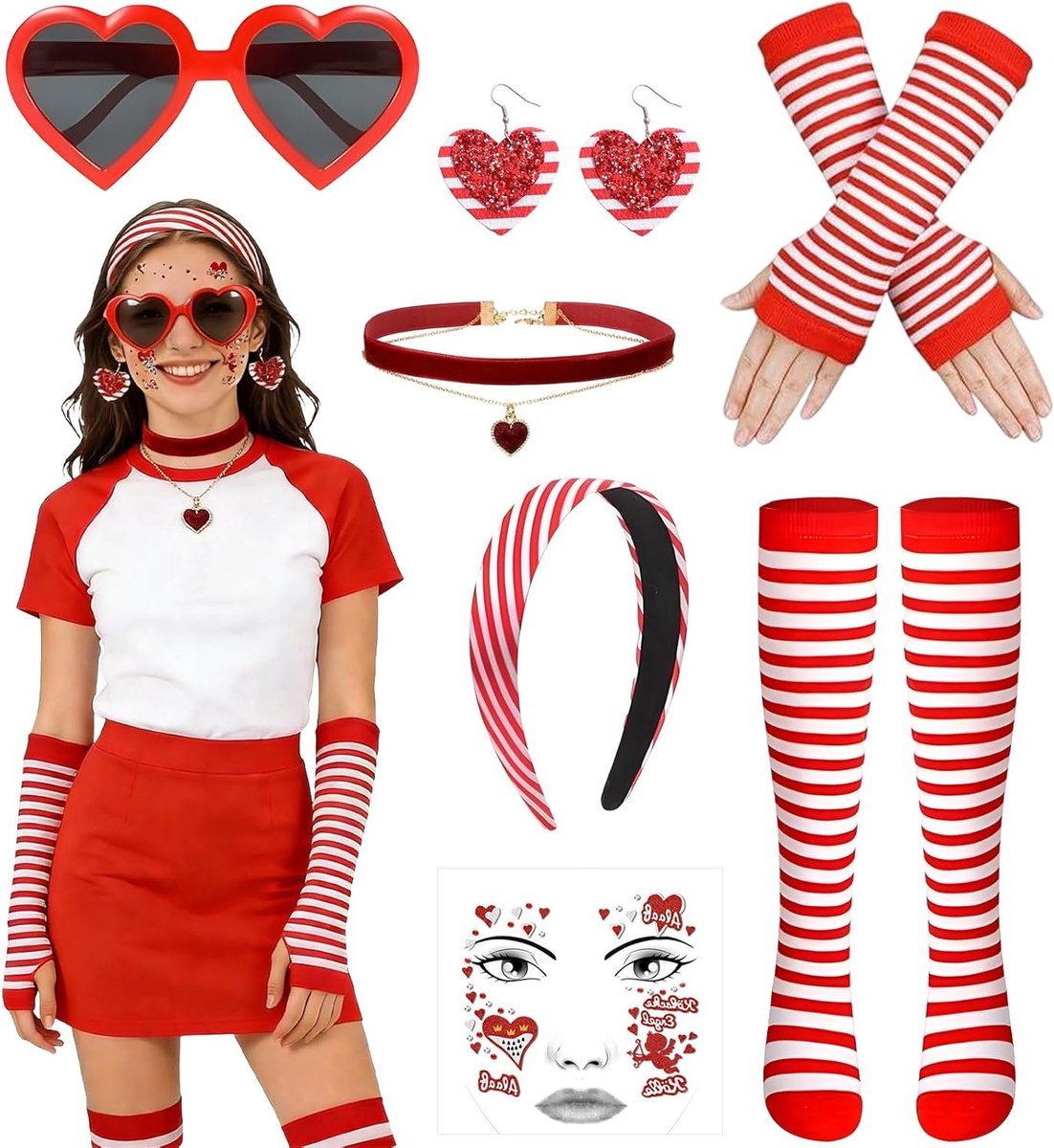 Carnavalskostuum voor vrouwen in rood en wit met 7 accessoires, perfect voor Halloween en Valentijnsdag, inclusief hoofddeksel, handschoenen en sieraden