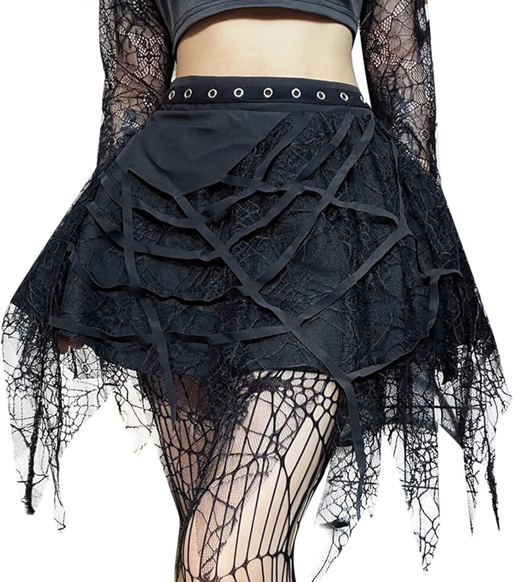 Zwarte Korte Punk Mini Rok voor Dames - Steampunk Cosplay Party Outfit met Hoge Taille, A-lijn en Kant Plissé - Maat S M L XL