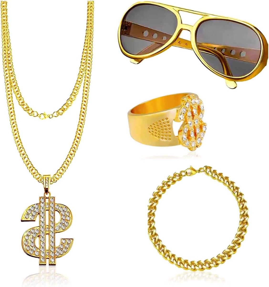 Hip Hop Kostuum Set voor Kinderen en Volwassenen, 80s/90s Stijl, Accessoires zoals Neppengoud Ketting, Dollar Sign Ketting, Hip Hop Ring en Hippie Bril