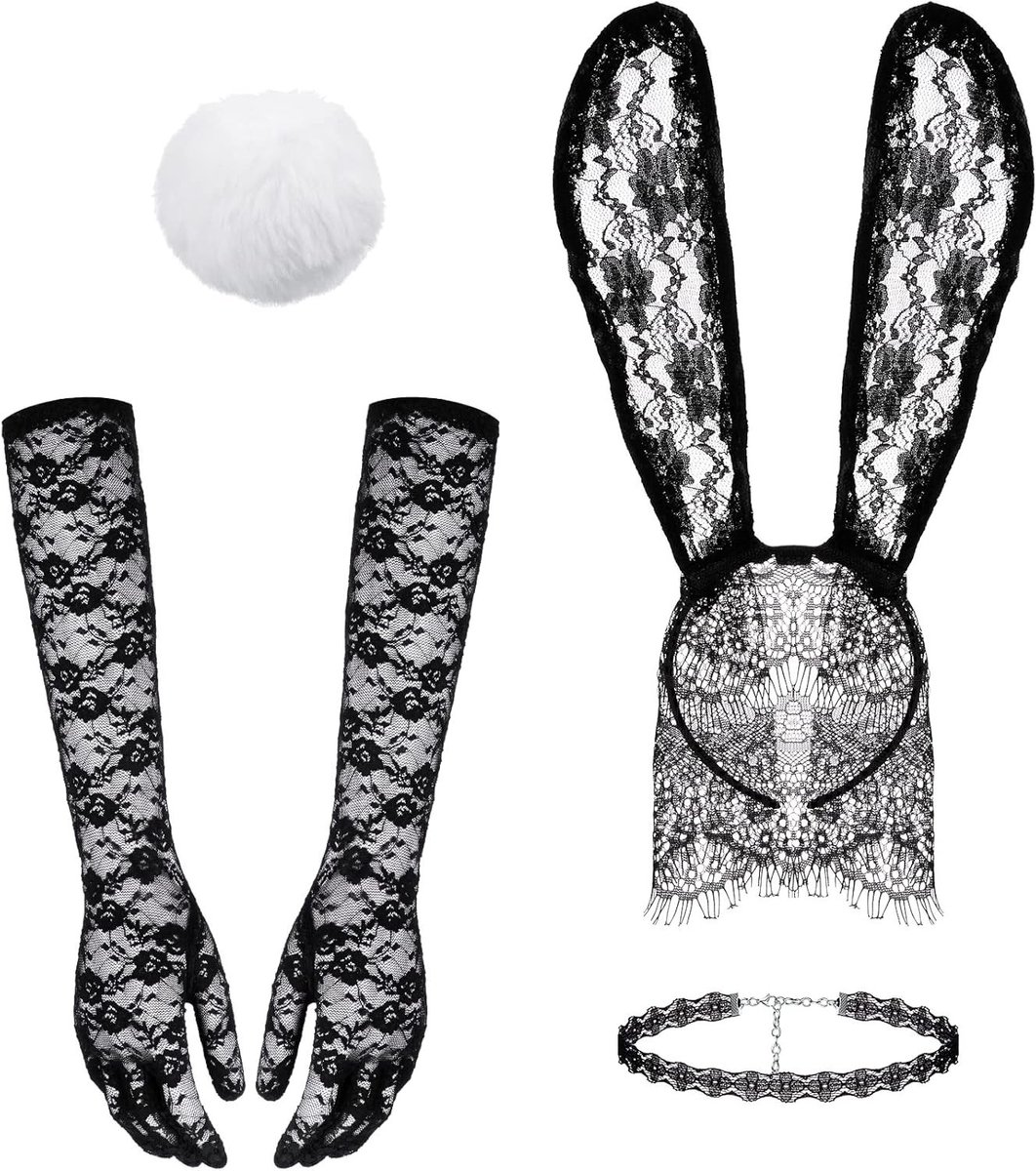 Zwarte Kanten Hare Ear Hoofdbanden en Lange Kanten Handschoenen voor Dames - Perfect voor Kostuumfeesten en Verkleedpartijen