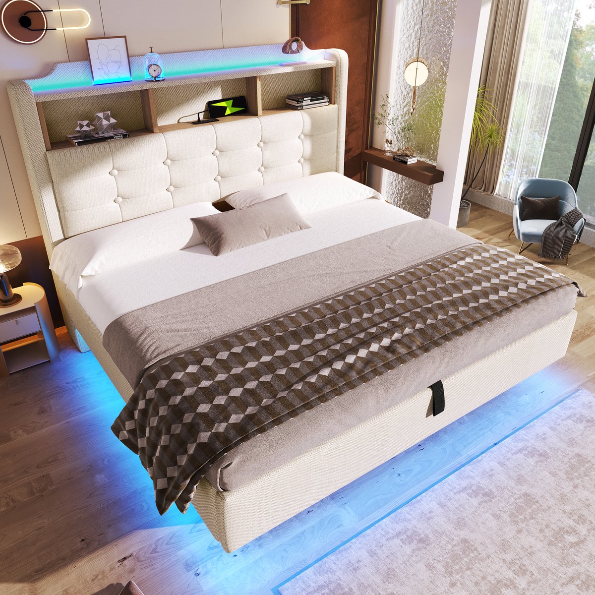 Gestoffeerd Bed 140x200 Met LED En Opbergruimte - Zwevend Bed Met USB En Hydraulische Opberging