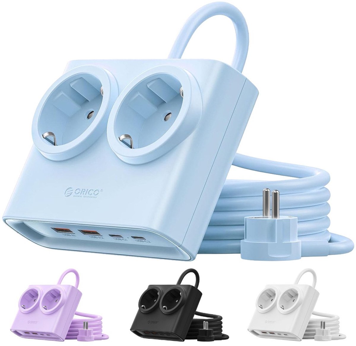 ORICO PDC 25W - Stekkerdoos - GaN stekkerdoos – 6-in-1 platte stekker met stekkerdoos (2 stopcontacten + 4x USB met 2x USB-C PD) – Platte stekker 1,3 cm – 1,6 m kabel – 2500 W – Voor thuis & kantoor