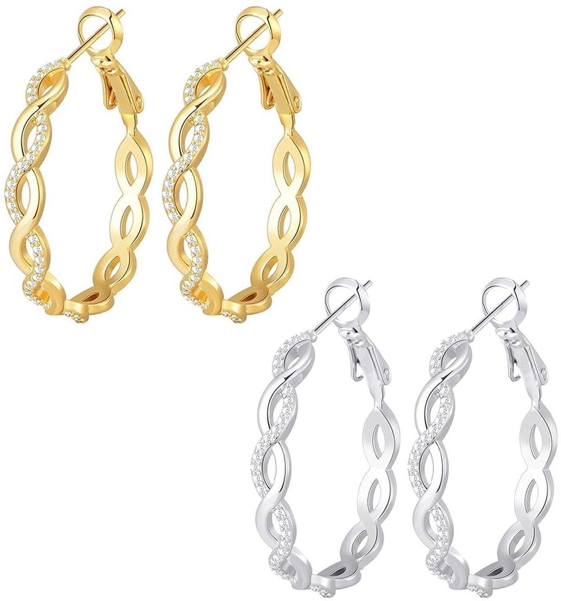 Dailygoody - Gedraaide Oorbellen - Hypoallergene Creolen - Gepersonaliseerde Design-Oorsteker - Zilver en Goud - Geschikt voor Dames en Meisjes - 2 Pa