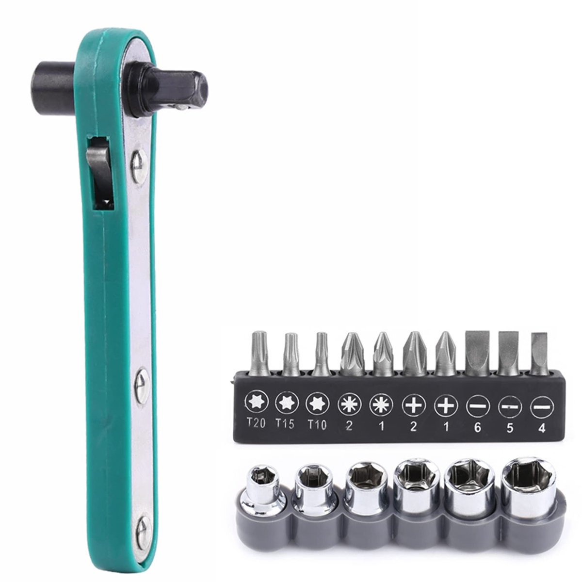 Dailygoods- Ratelsleutel 1/4" - 6 x Steeksleutels - 10 x Schroevendraaierbits - Verstelbare Ratel - Hoogwaardige Materialen - Comfortabele Handgreep - Steeksleutel