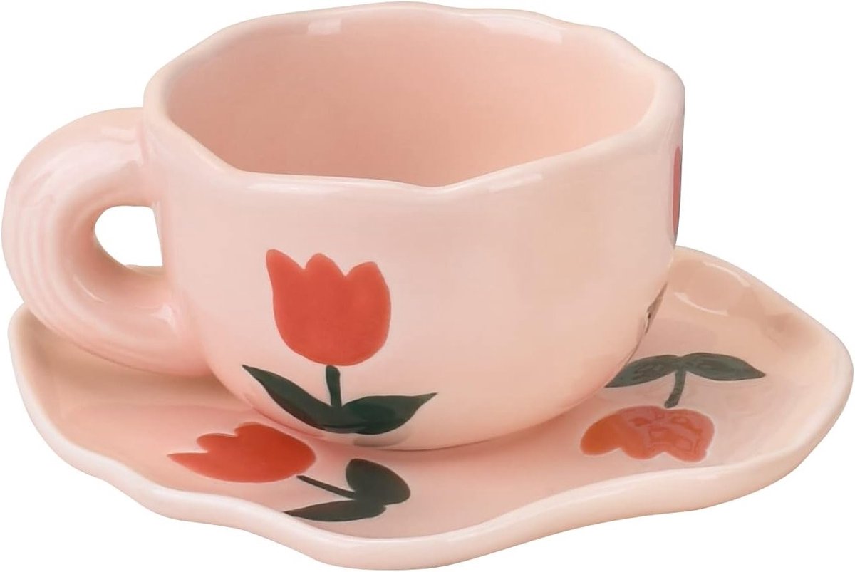 Unieke keramische koffiemok met schotelset, creatieve en onregelmatige vorm, vaatwasser- en magnetronbestendig, perfect voor latte, thuis en op kantoor, 180ml
