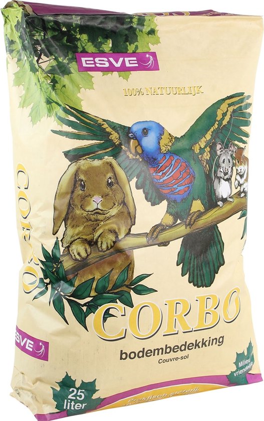 Gele zak met Corbo bodembedekking. Een konijn, papegaai en twee muizen zitten op een tak. Opdruk: ESVE, 100% natuurlijk, CORBO bodembedekking 25 liter.