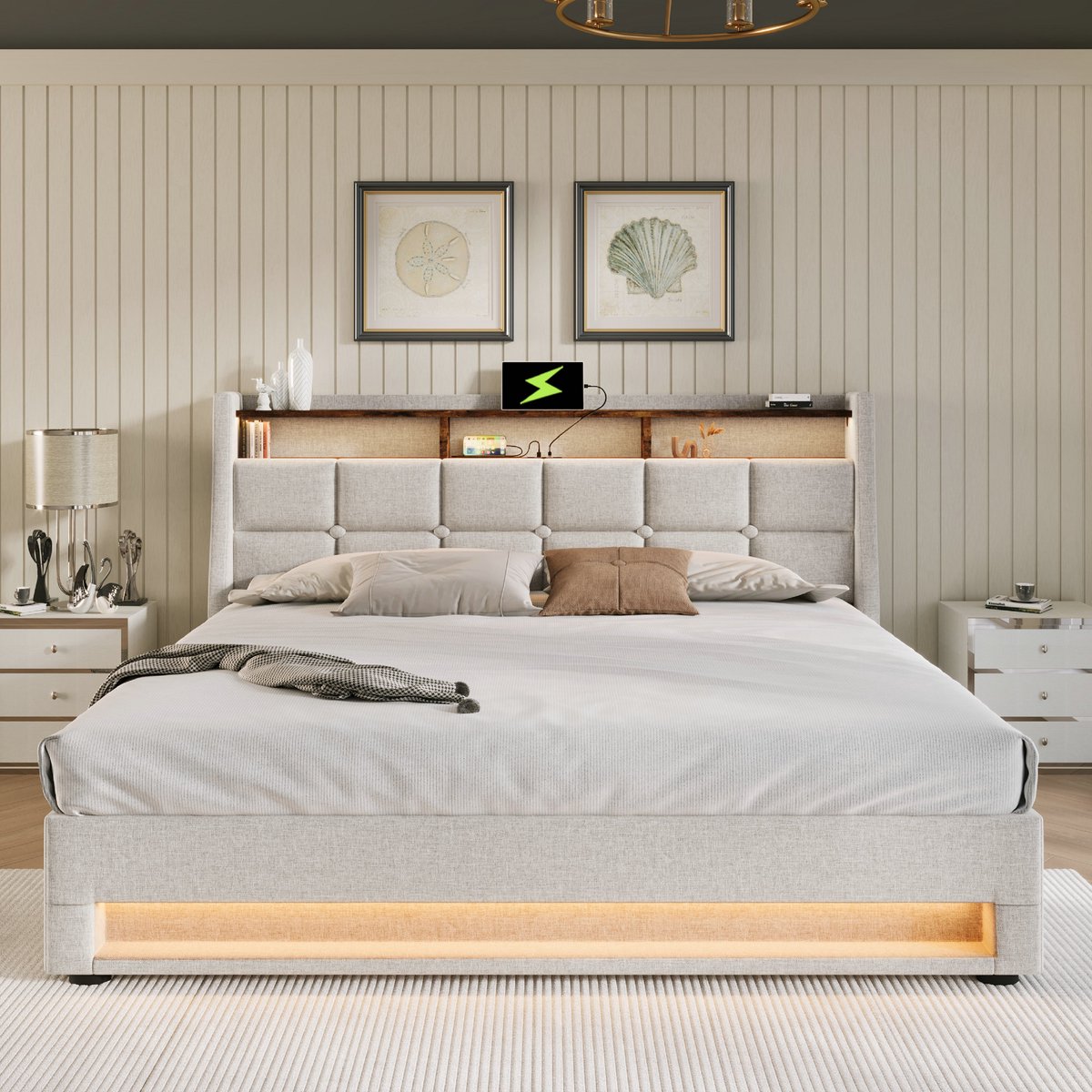 VVBV Tweepersoonsbed 180x200 / Gestoffeerd bed – Matras Niet Inbegrepen – met LED-Verlichting, USB, Lattenbodem – Tienerbed – Linnen – Beige
