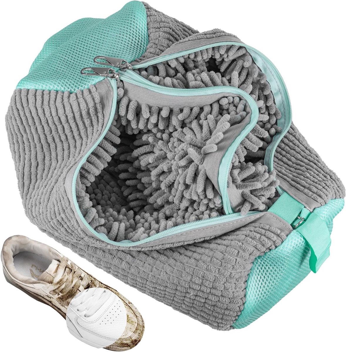 2-in-1 Schoenwaszak voor de Wasmachine, Herbruikbare Waszak voor Schoenen met Rits en 360° Reinigingsdeksel, Ideaal voor Sneakers en Sportschoenen, Grijs