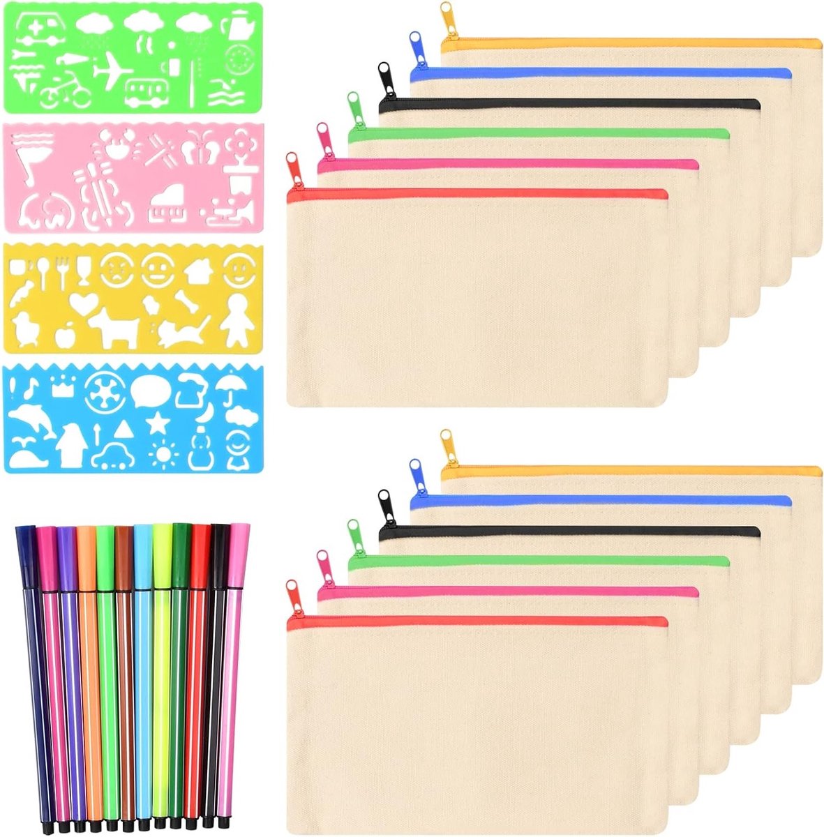 Canvas Pennenetui met DIY Ritsvak, Stof Tas voor Schilderen, Inclusief 12 Kleurpotloden en 4 Sjablonen voor Creatieve Knutselprojecten en Kinderfeestjes