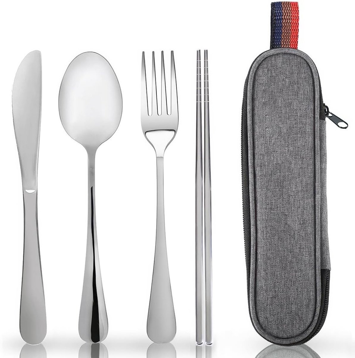 Compacte Bestekset voor Kamperen voor 1 Persoon, Rvs Bestek met Mes, Vork, Lepel en Eetstokjes, Ideaal voor Reizen en Buitenactiviteiten, Inclusief Opbergcase
