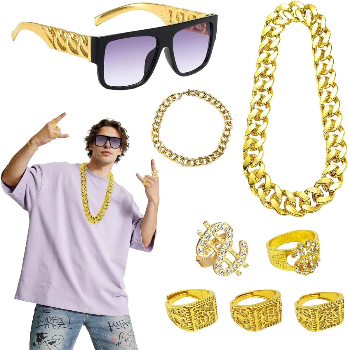 8-delige Hip Hop Feestdecoratie Set met Kostuums, 80s en 90s Accessoires, Neppengeld Ringen en Gouden Kettingen voor een Hippe Verkleedpartij