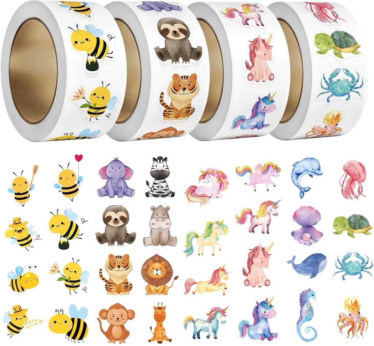 2000 Stuks Beloningsstickers, 4 Rollen Motiverende Dierenstickers voor Kinderen, Perfect voor Skateboards, Laptops en Scrapbooks