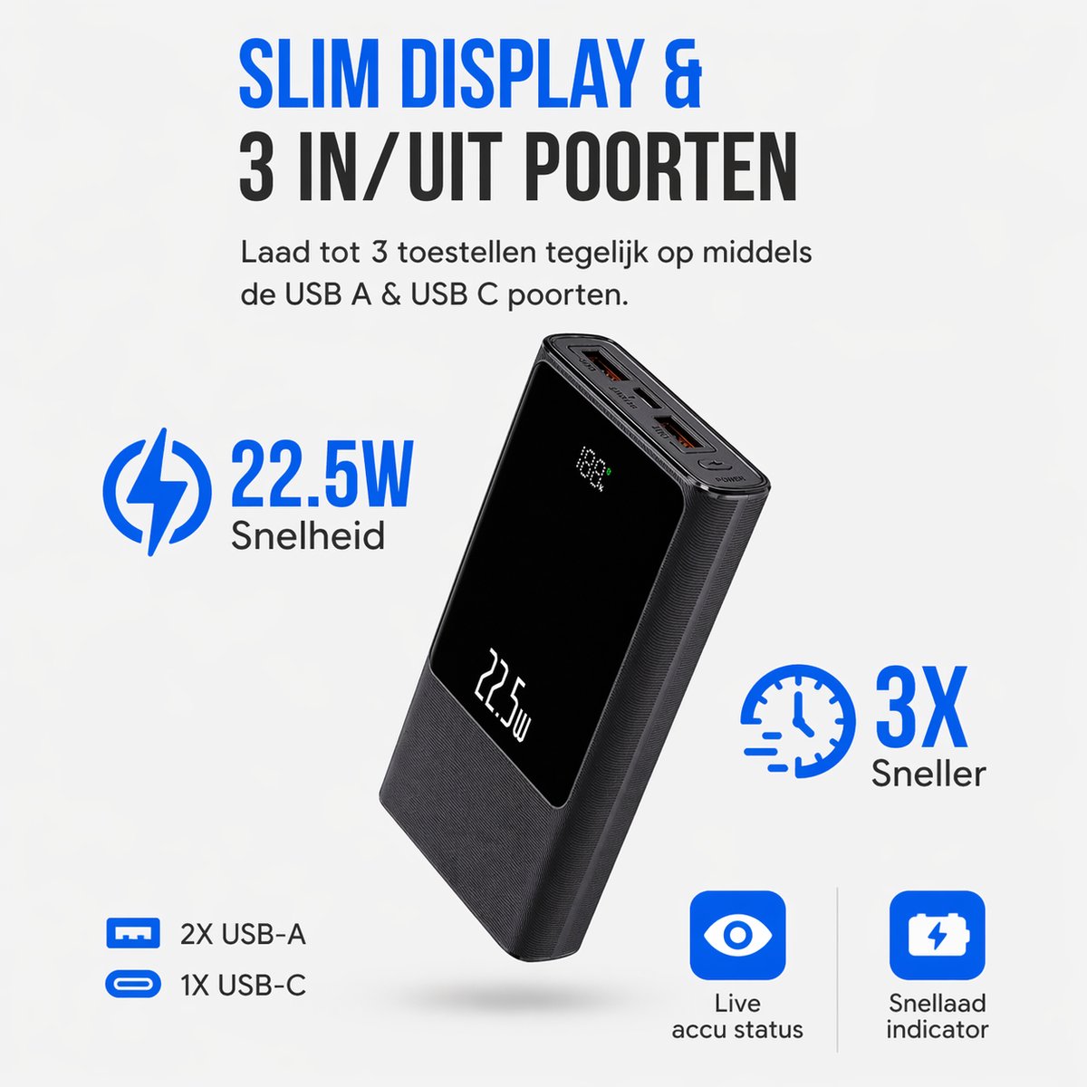 Powerbank 30.000 mAh – Snellader 22.5W – USB-C – Noodpakket – Geschikt voor Telefoon, Tablet – NL Handleiding — afbeelding 2