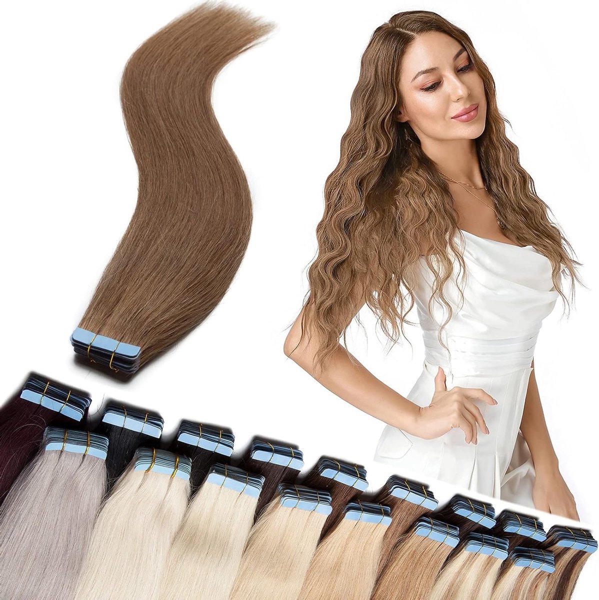 Tape in extensions 40 stuks - 40 cm - 100% Remy echthaar - Hellbraun #6-2 - +10 gratis tapes - ShopVlot